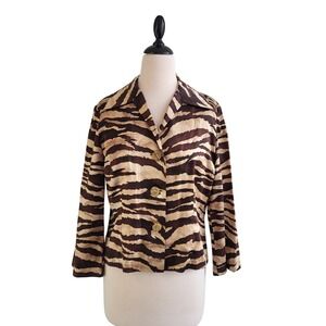 Vintage 90s Animal Print Boxy Silk Blazer Tiger Zebra Jacket 12 Statement Tan